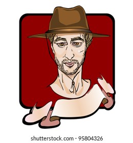 portrait of a man with a  cowboy hat and a ribbon, clip art