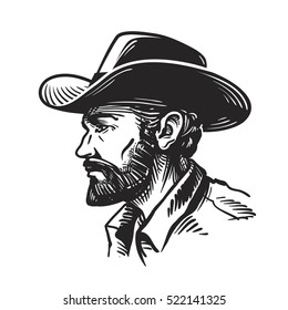 Portrait Man In Cowboy Hat. Sketch Vector Illustration