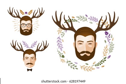 Portrait of man and deer antlers. Surrealism vector illustration