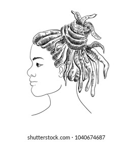 Portrait of man with dreadlocks in profile. Isolated on white background. Black and white vector illustration in sketch style