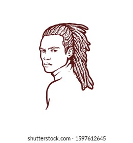 Portrait of man with dreadlocks in profile. Isolated on white background vector illustration in sketch style