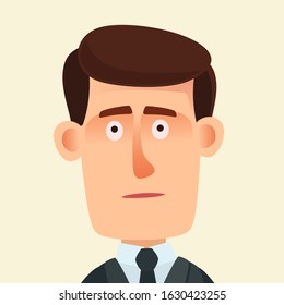 Portrait of man with emotionless face. Office worker with straight, poker face, security guard cold look. Vector illustration, flat design element, cartoon style character. Isolated background.