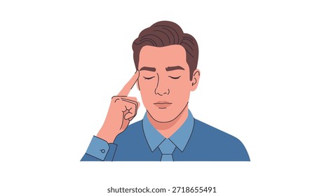 Retrato de un hombre con los ojos cerrados que toca su templo mientras se concentra