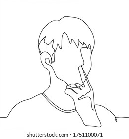 Portrait of a man with a finger on his lips who is thinking. One continuous line art concept of thinking, doubting, solving a riddle, brainstorming, coming up with ideas, finding solutions, developing