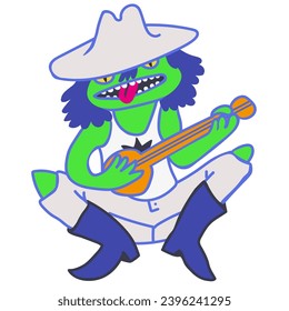 portrait of a man frog in hat with banjo in vector.green skin guy in flat style. design for logo sign sticker avatar