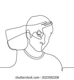 portrait of a man gesturing with his hand "okay" his eye looks through the hole between his thumb and forefinger - one line drawing. playfulness concept 