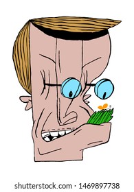 Portrait of a man in glasses with a butterfly and grass in his mouth. Color illustration, perfect for use in publications, packaging design, prints, posters.