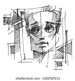 Portrait of a man in glasses. Face. Avatar. Human head. Line drawing. Sketch