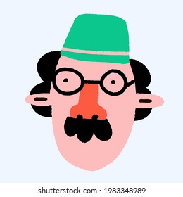 portrait of a man with glasses and a mustache. Funny bizarre portrait of an elderly man. Avatar of father and grandfather. Quirky doctor's face. Childish hand drawn style