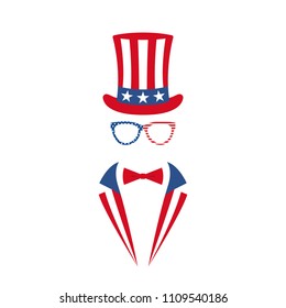 Portrait of man in glasses, tuxedo and hat of Uncle Sam. National holiday in United States of America Independence Day. Vector illustration.