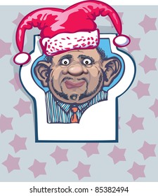 portrait of a man in a hat jester. Christmas joke. Human ears do not fit the format of ID photos