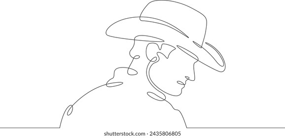 Retrato de un hombre con sombrero. Hombre de perfil. El retrato del hombre. Retro.Vintage.Una línea continua . Línea de arte. Una sola línea mínima. Fondo blanco. Dibujo de una línea.