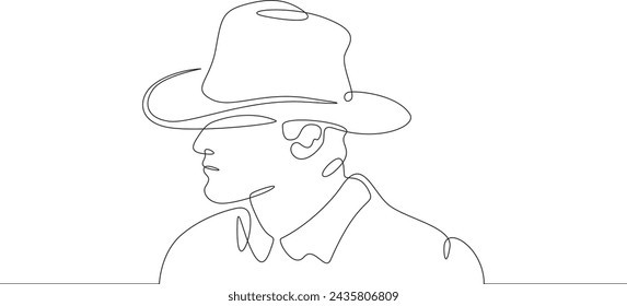 Portrait of a man in a hat. Man in profile. Man's portrait. Retro.Vintage.One continuous line . Line art. Minimal single line.White background. One line drawing.