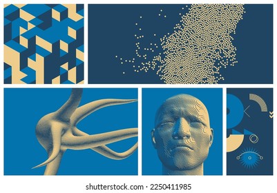 Portrait of man with his eyes closed. Tantacles with dynamic effect. Background of dots randomly moving on backdrop. Art composition. Memphis design. Illustration for presentation, cover or brochure. 
