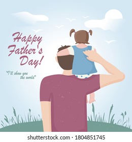 Portrait of a man and his little daughter in a blue dress. The girl sits on her father's right shoulder. The family meets the sunrise. bare child's feet are visible. Father's Day. Vector flat disign.