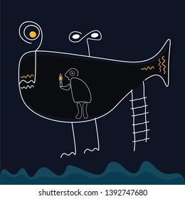 Portrait of a man holding a glowing handle in a fish that is flying over a dark background looks funny  vector  color drawing or illustration
