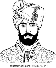 Portrait of a man. The image of a man in a traditional wedding dress. Hindu in a turban and costume, with decoration. A man with a black beard and mustache with a serious look. line sketch. Vector