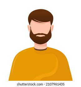 Portrait of a man isolated on white background. A guy with brown hair and a beard. Male character. Avatar for social networks in flat vector style.
