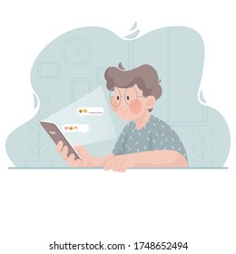 Portrait of a man isolated from society at home. Chat by correspondence on your smartphone. Infographics.