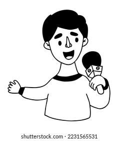 Portrait of man journalist leading with microphone. Vector illustration in linear doodle style. Conceptual male character, modern profession and journalism, work and reporting, media and television