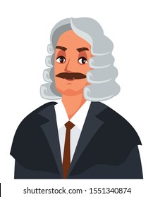Portrait of man judge in curly grey-haired wig and judicial gown isolated on white backdrop. Low justice people protection. Cartoon character design graphic. Law and rights. Vector flat illustration