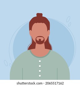 Portrait of a man with long brown hair, ponytail, moustache and beard. Male faceless bust. Head silhouette concept.