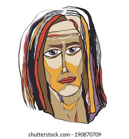 Portrait of a man with long colored hair - naive art, hippie - hand drawn vector illustration