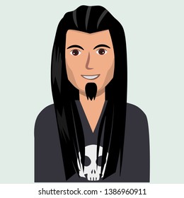 Portrait of a man with long hair. Beautiful young man with black hair. Rock or metal music fan. Male avatar in flat cartoon style.