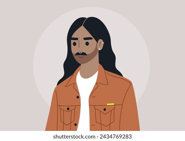 A Portrait of a Man With Long Waves, A calm young character with flowing wavy hair and a septum ring, clad in a stylish orange jacket