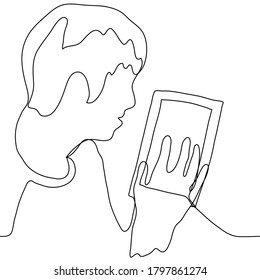 Portrait Of A Man Looking At An Empty Photo Frame / Tablet, He Put His Palm On It. One Continuous Line Drawing Concept Of Longing, Missing Someone, Unrequited / Non-reciprocal Love, Obsessed Fan