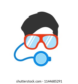 Portrait of man in mask and glasses for underwater swimming. Scuba diver. Flat style people icon. Vector illustration.