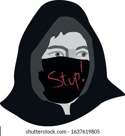 Portrait of a man in a mask on which Stop is written on a light background