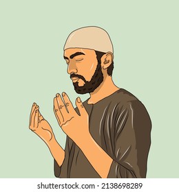 portrait of a man moslem praying in cartoon vector drawing