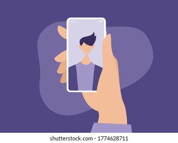 Portrait of a man on a mobile phone screen, millennial lifestyle, gadgets, online video call. Vector illustration
