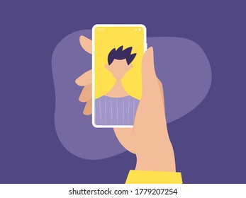 Portrait of a man on a mobile phone screen, millennial lifestyle, gadgets, online video call. Vector illustration