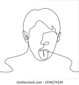 portrait of a man with open mouth and protruding tongue - one line drawing. concept of teasing, offensive gesture, showing tongue to the attending physician