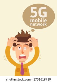 Portrait of man in a panic, he afraid of radiation from towers with 5g cellular mobile network. Radiation destroys mind of people. World conspiracy. Vector illustration, flat cartoon style, isolated.