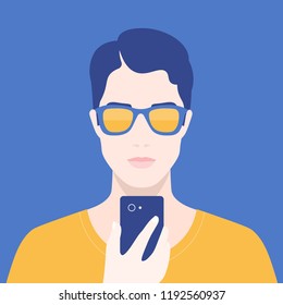 Portrait of a man with a phone. Addiction on the smartphone and the Internet. Social networks. Vector Flat Illustration