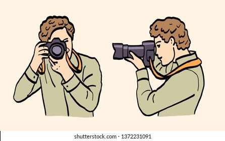 Portrait of man, photographer, cameraman, holding camera in his hands. Vector cartoon illustration of male character. Outlined hand drawn sketch.
