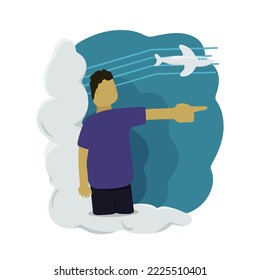 Porträt eines Mannes, der hinter den Wolken nach vorn zeigt, gefolgt von einem Flugzeug