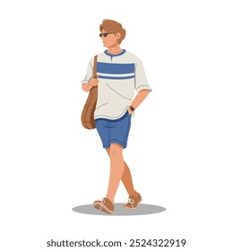 retrato de homem posando saco de espera de passeio em roupas elegantes ilustração de design plano