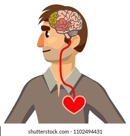 Portrait of a man in profile. Brain-heart connection. Isolation on white background. Vector illustration
