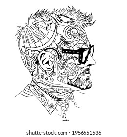 Portrait of a man in profile in steampunk style, techno art, black and white vector illustration with decorative abstract ornaments, mechanisms, patterns and textures, modern human design, doodle hand