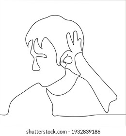 portrait of a man put his hand to his ear to hear better. fingers folded in an "okay" gesture and pressed against the auricle. One line drawing concept of agreement with what you hear, good news