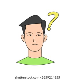 Porträt eines Mannes mit einem Fragezeichen. Avatar. flacher Charakter. Denker. fragend Mann. verwirrter Mann. Vektorgrafik