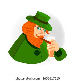 Portrait of a man with red hair and a beard in glasses, in a green hat with a beer and a cigar, in a green suit on a white background. Icon.Isolated. Vector illustration.