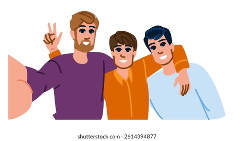 portrait man selfie group  vector.  photo smile, pose friendship, memories expression portrait man selfie group character. people flat cartoon illustration