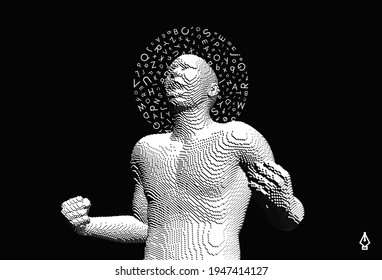 Portrait of a man shouting loud with halo of letters in chaotic order above his head. Angry muscled guy is yelling at something with closed fists. Voxel art. 3D vector illustration. 