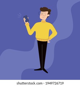Portrait of man with smartphone for mobile app design. Man with smartphone. Social media vector. Social network. Commerce illustration. Flat illustration.