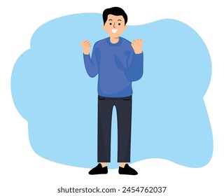 portrait man standing with happy expression with hands clenched in fists and excited gesture